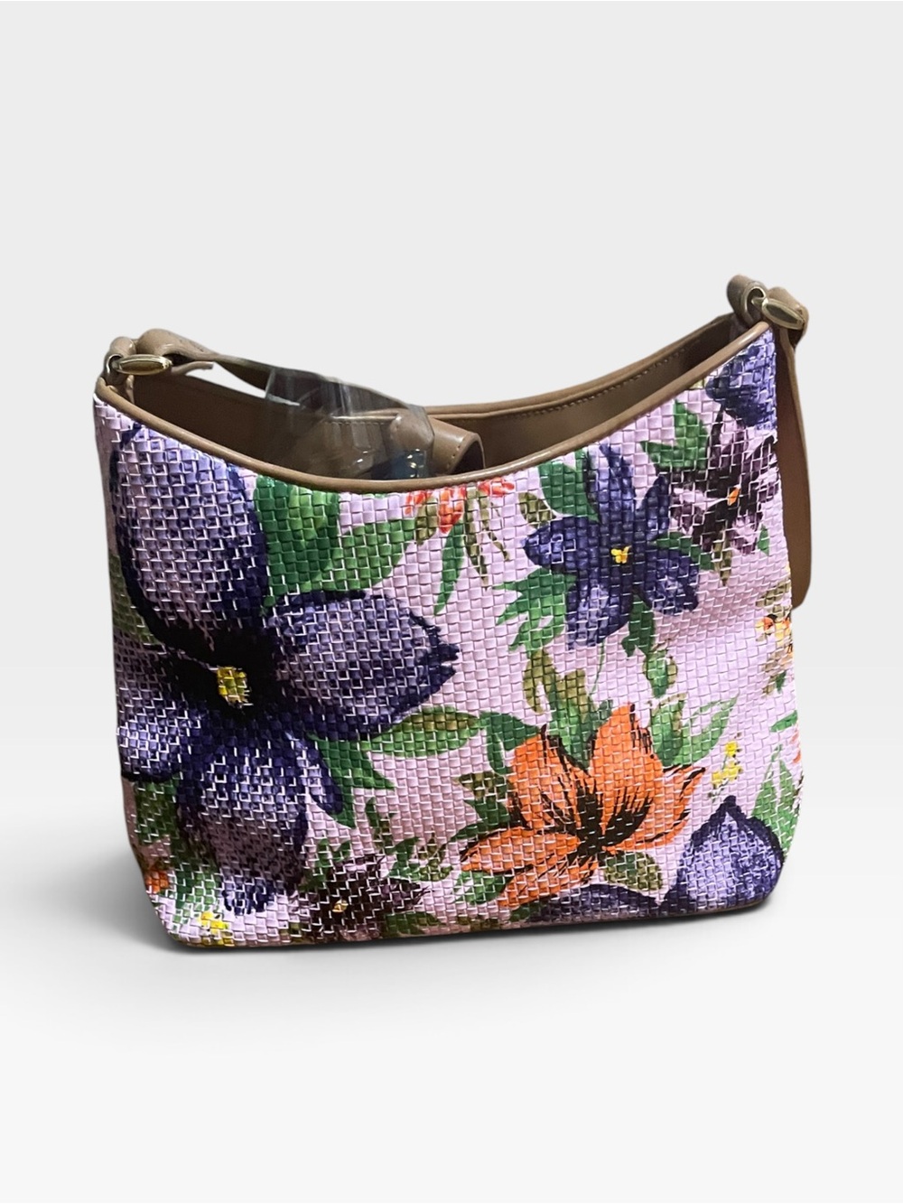 Floral Woven Shoulder Bag - Pink with Purple & Orange Flowers